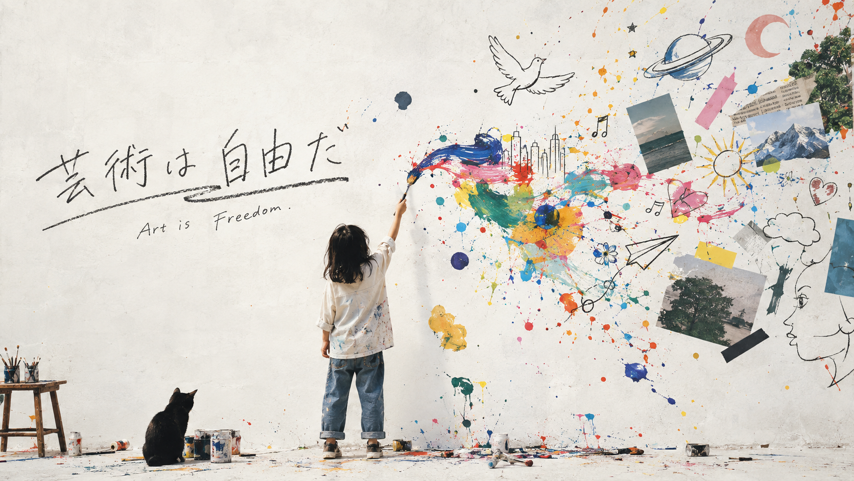 An artist painting a wall beside a cat, surrounded by colour — the exhibition’s concept image